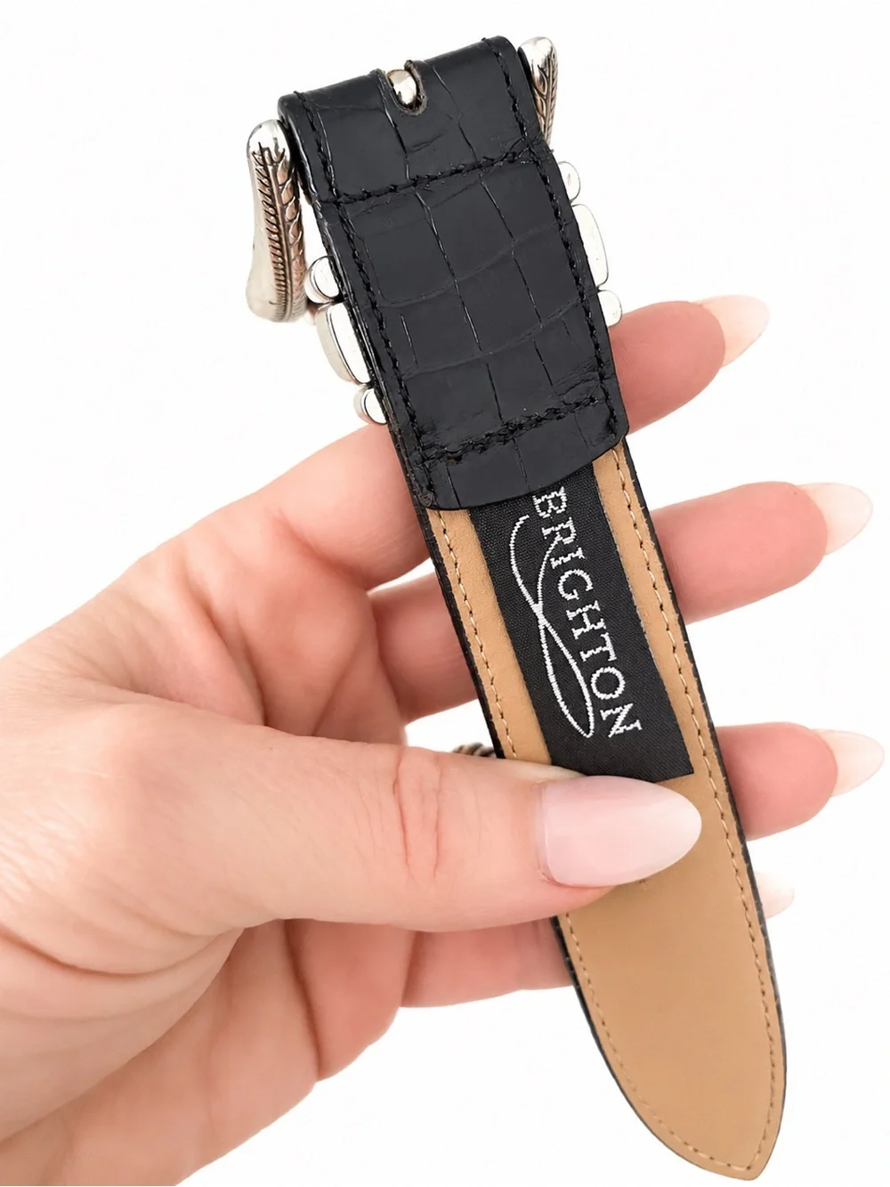 Brighton Black Croc-Embossed Leather Belt with Ornate Silver Buckle